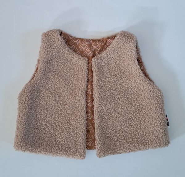 Gilet de berger tissu bouclette beige / coton imprimé Ponto marron