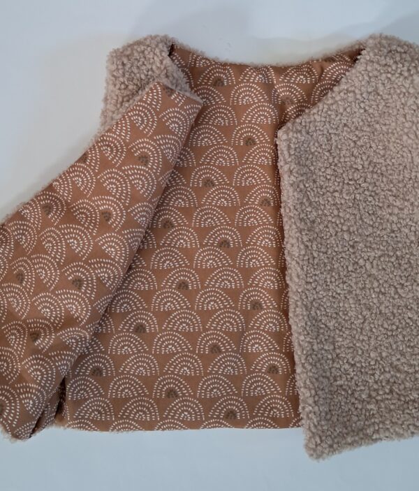Gilet de berger tissu bouclette beige / coton imprimé Ponto marron – Image 2